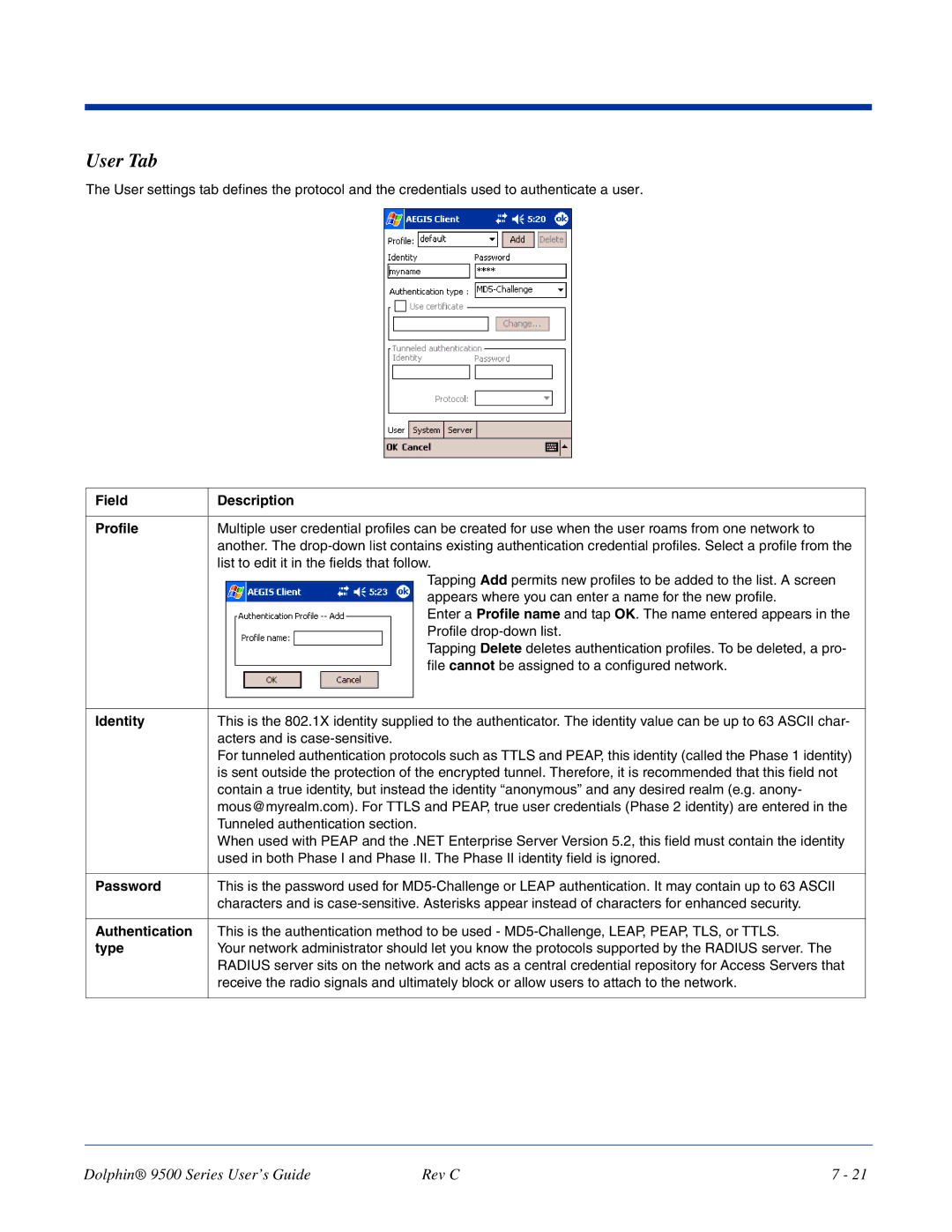 Dolphin Peripherals 9500 manual User Tab, Field Description Profile, Identity 