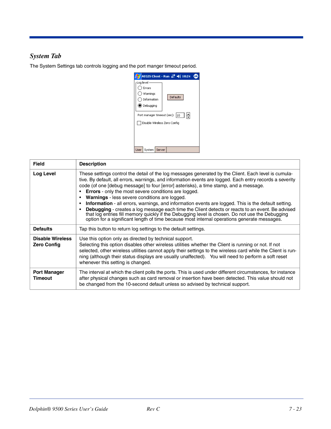 Dolphin Peripherals 9500 manual System Tab 