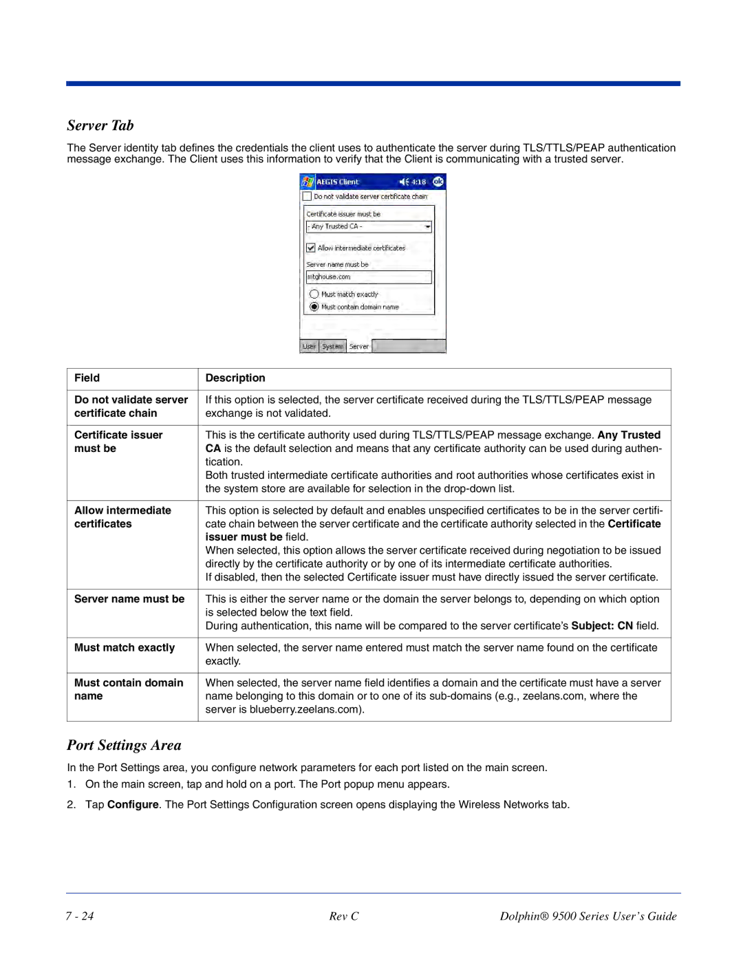 Dolphin Peripherals 9500 manual Server Tab, Port Settings Area 