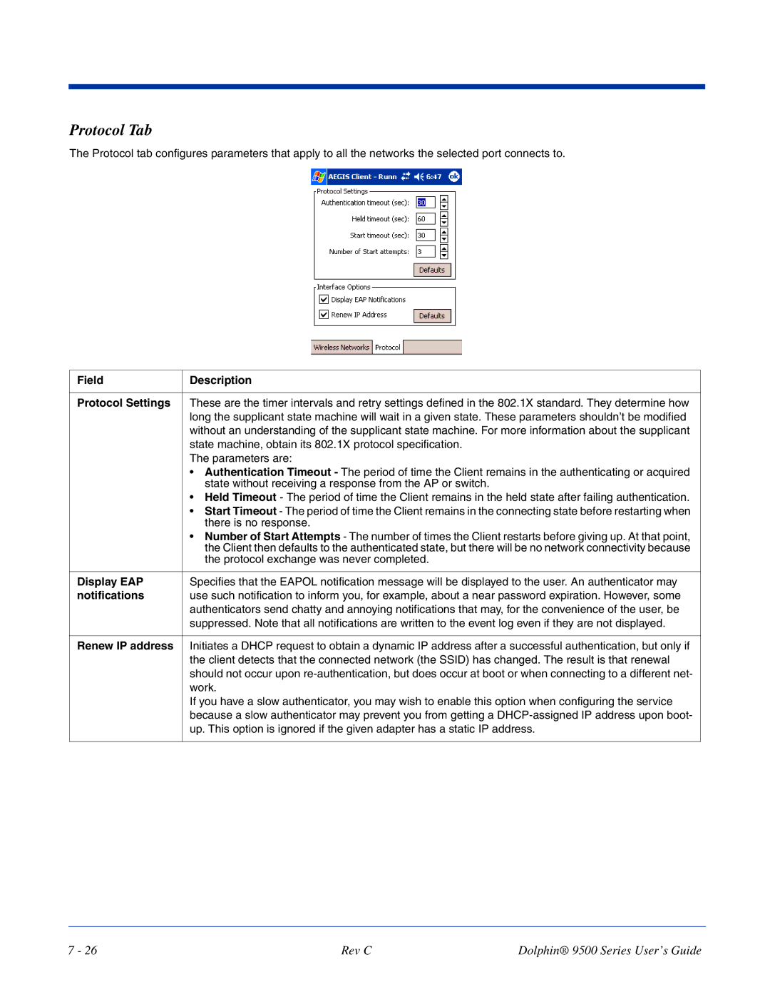 Dolphin Peripherals 9500 manual Protocol Tab, Field Description Protocol Settings, Display EAP, Renew IP address 