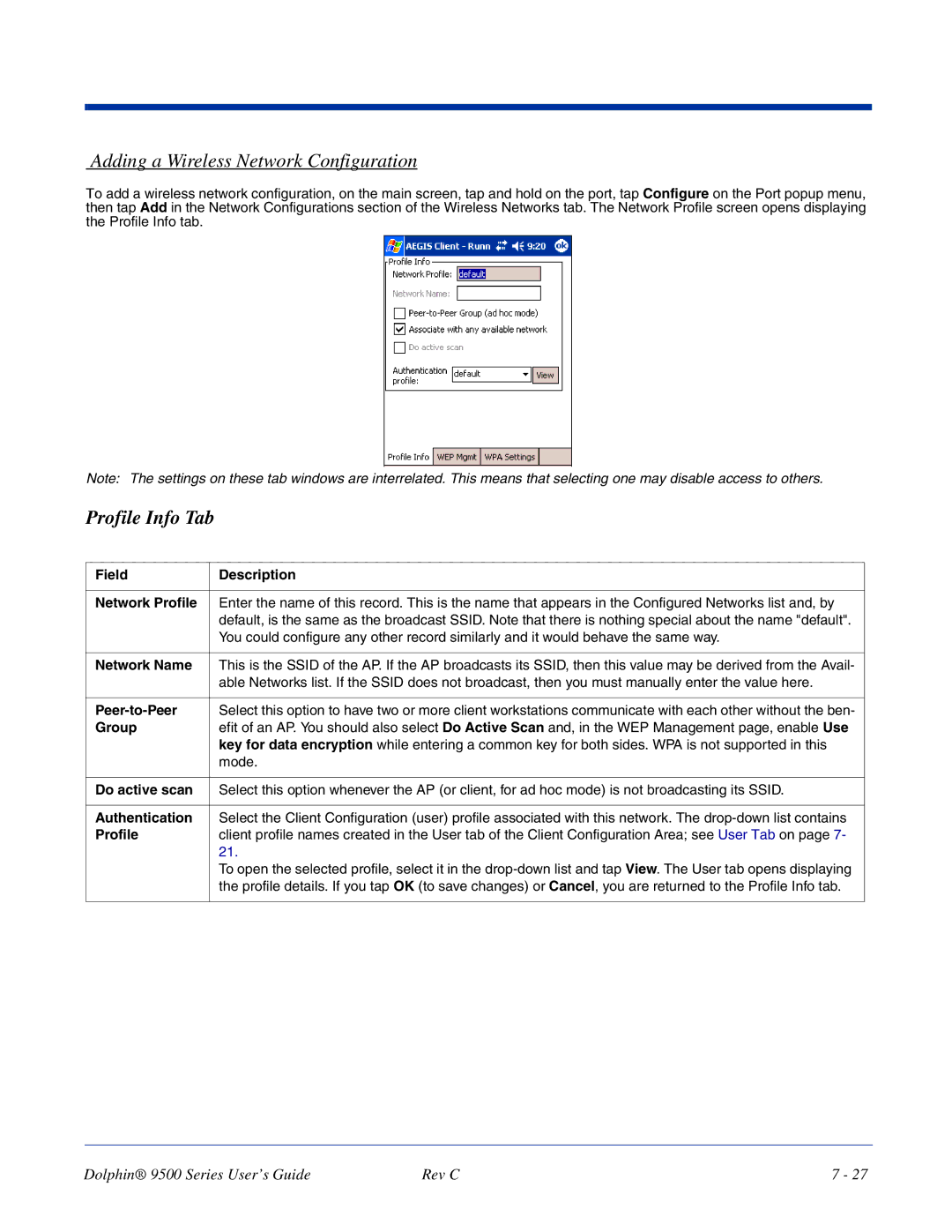 Dolphin Peripherals 9500 manual Adding a Wireless Network Configuration, Profile Info Tab 