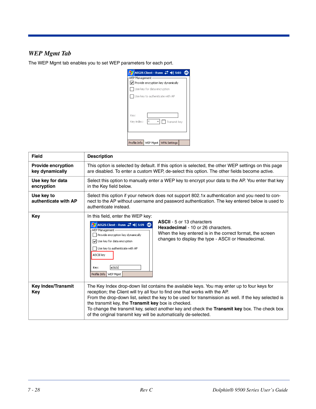 Dolphin Peripherals 9500 manual WEP Mgmt Tab 