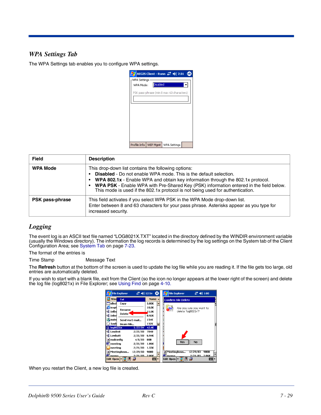 Dolphin Peripherals 9500 manual WPA Settings Tab, Logging, Field Description WPA Mode, PSK pass-phrase 