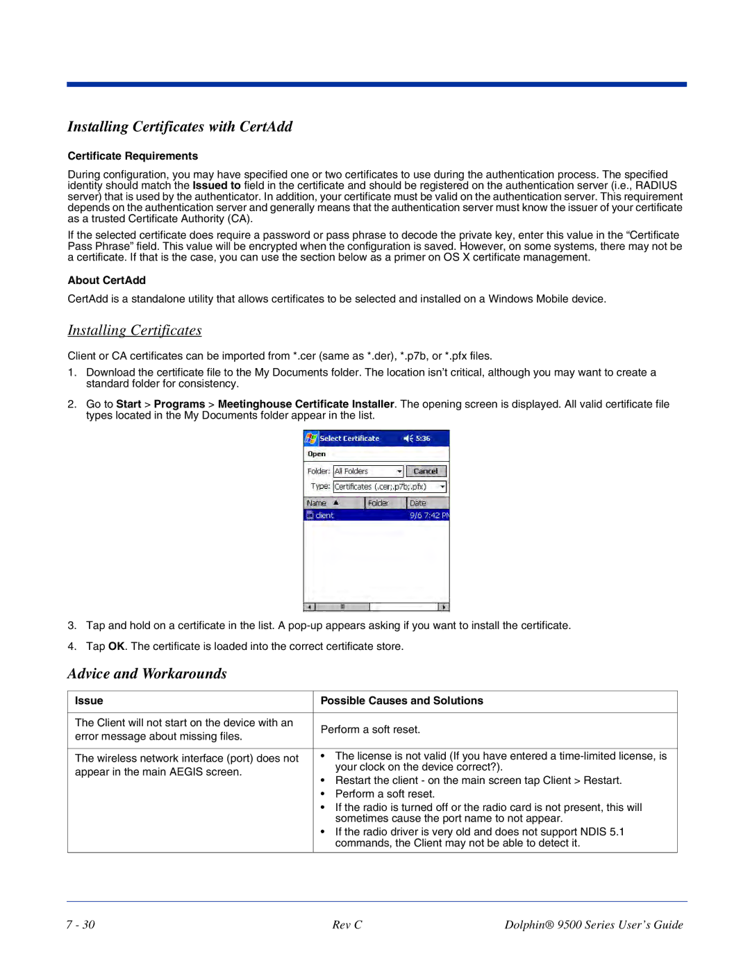 Dolphin Peripherals 9500 manual Installing Certificates with CertAdd, Advice and Workarounds 