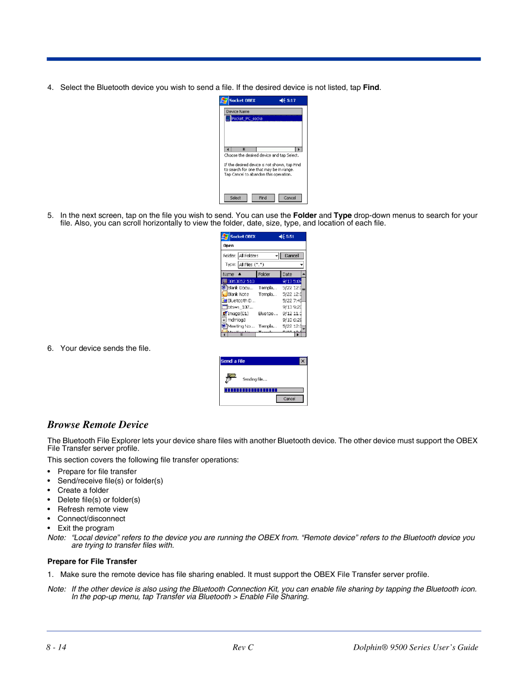 Dolphin Peripherals 9500 manual Browse Remote Device, Prepare for File Transfer 