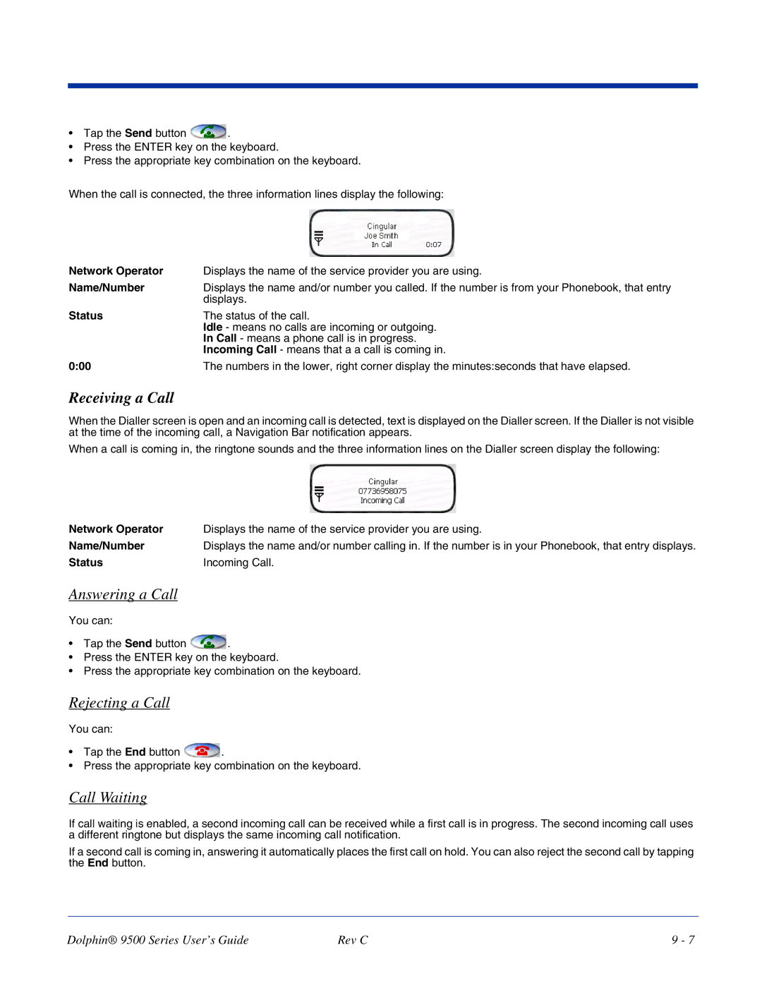 Dolphin Peripherals 9500 manual Receiving a Call, Answering a Call, Rejecting a Call, Call Waiting 