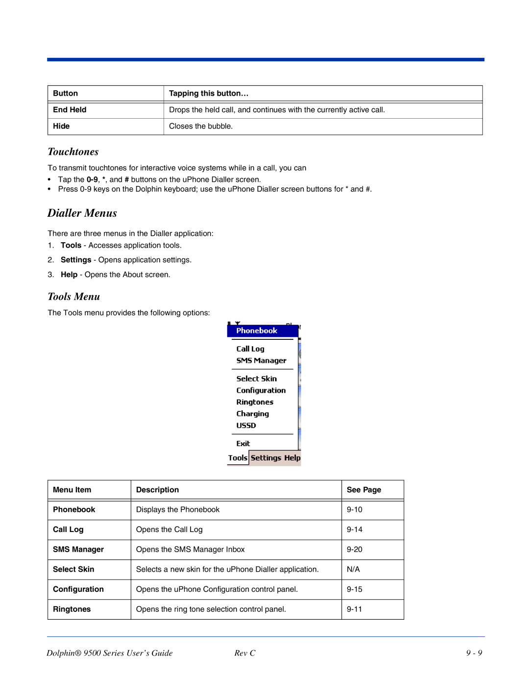 Dolphin Peripherals 9500 manual Dialler Menus, Touchtones, Tools Menu 