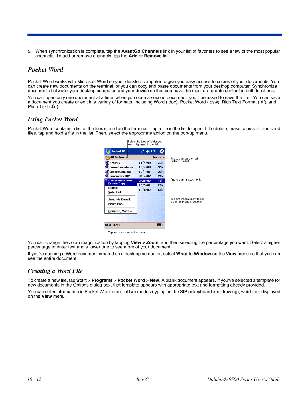 Dolphin Peripherals 9500 manual Using Pocket Word, Creating a Word File 