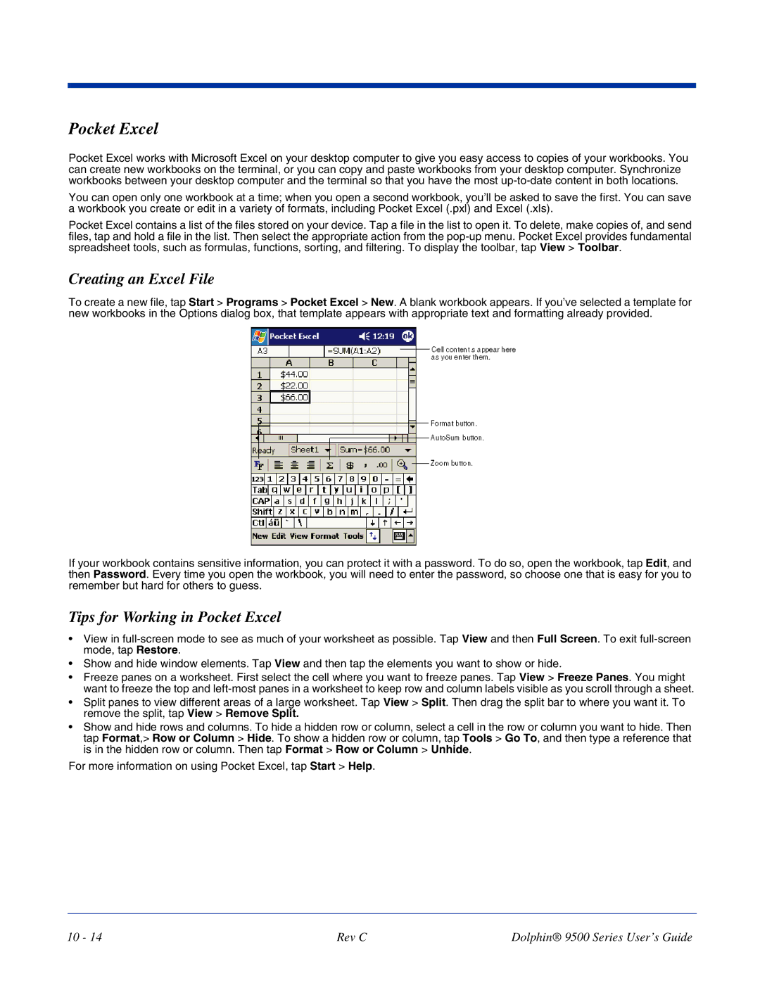 Dolphin Peripherals 9500 manual Creating an Excel File, Tips for Working in Pocket Excel 