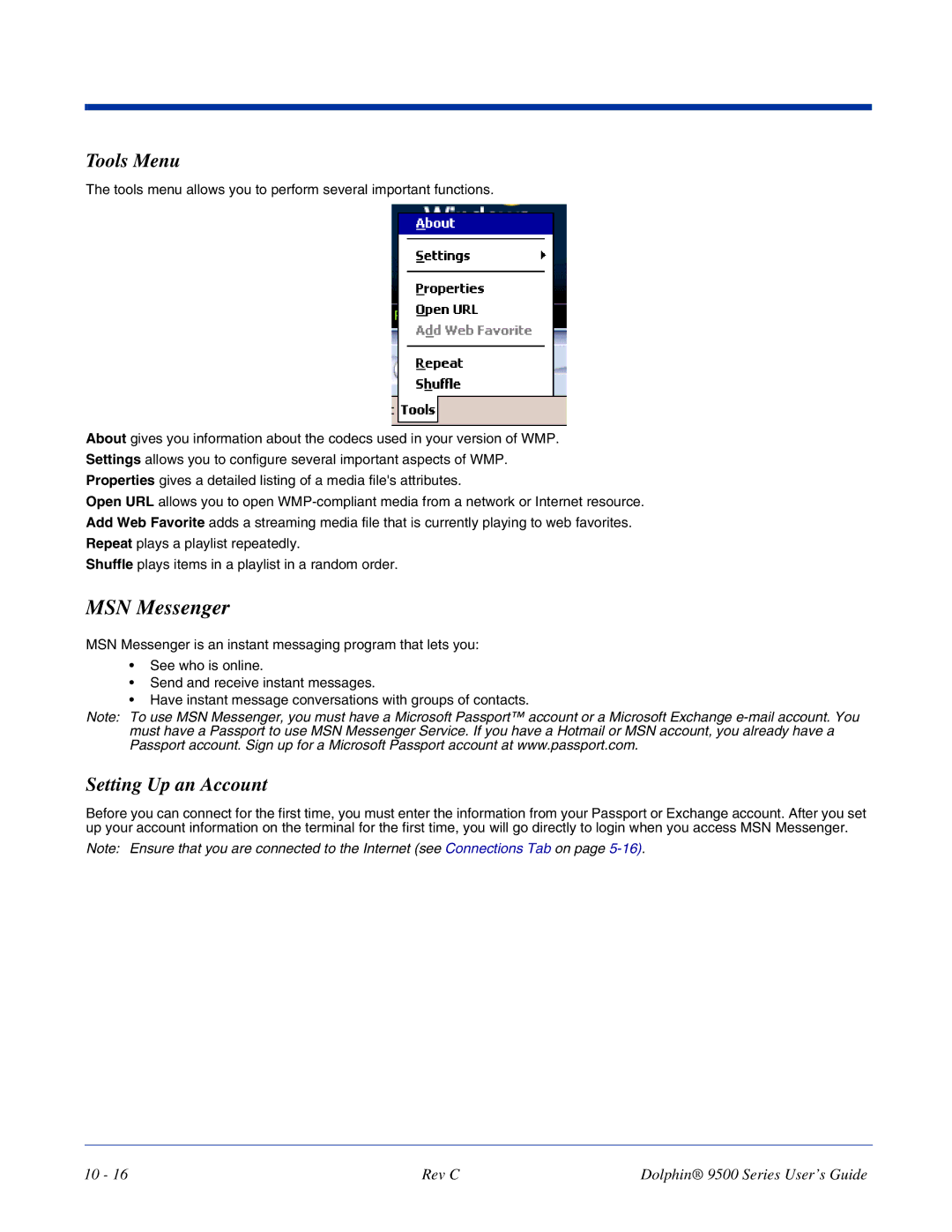 Dolphin Peripherals 9500 manual MSN Messenger, Setting Up an Account 