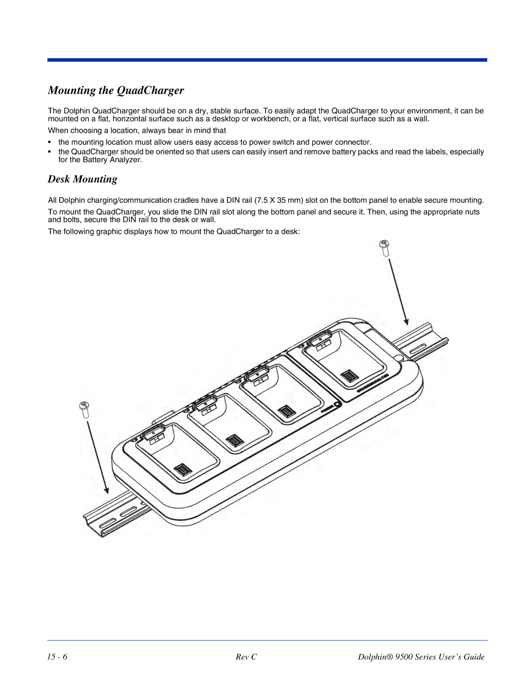 Dolphin Peripherals 9500 manual Mounting the QuadCharger, Desk Mounting 