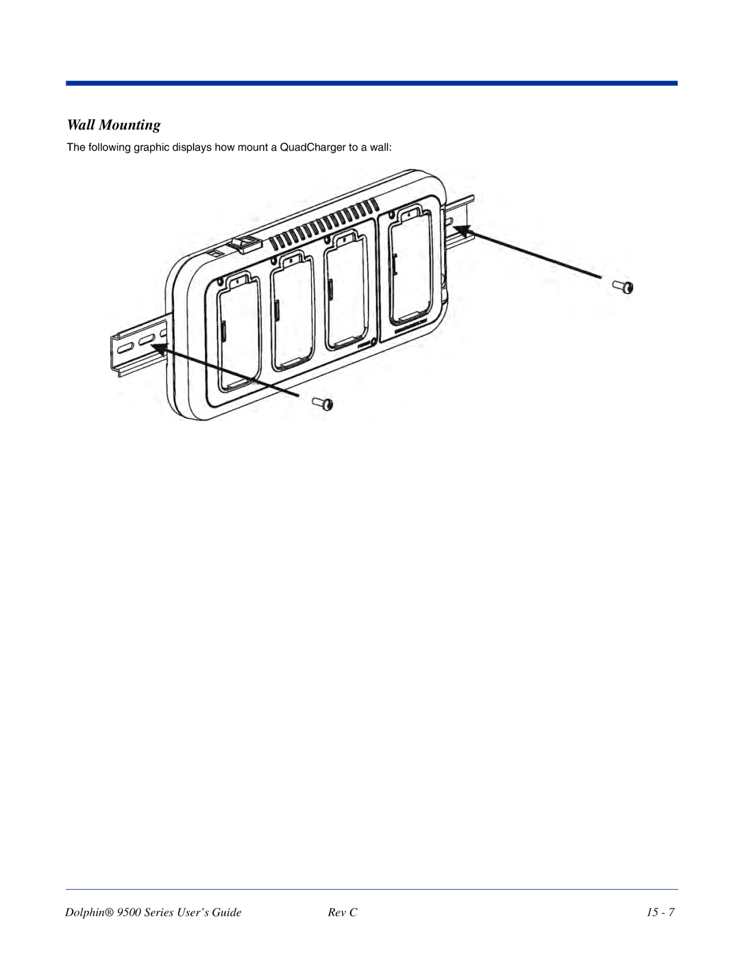 Dolphin Peripherals 9500 manual Following graphic displays how mount a QuadCharger to a wall 