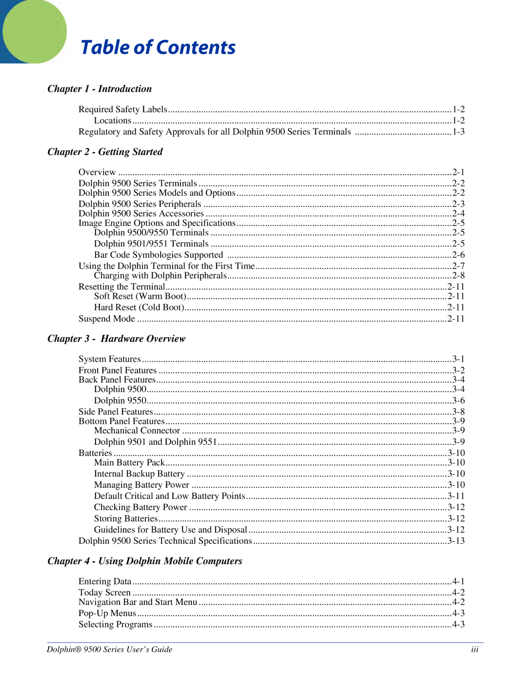 Dolphin Peripherals 9500 manual Table of Contents 