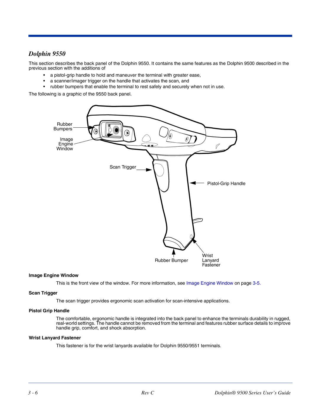 Dolphin Peripherals 9500 manual Scan Trigger, Pistol Grip Handle, Wrist Lanyard Fastener 