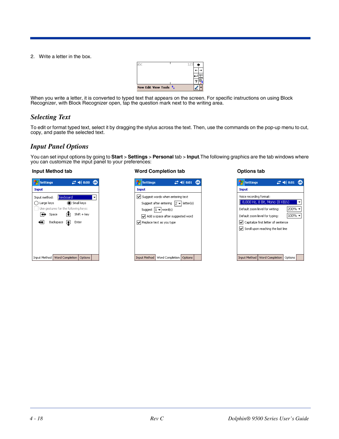 Dolphin Peripherals 9500 manual Selecting Text, Input Panel Options, Input Method tab Word Completion tab Options tab 