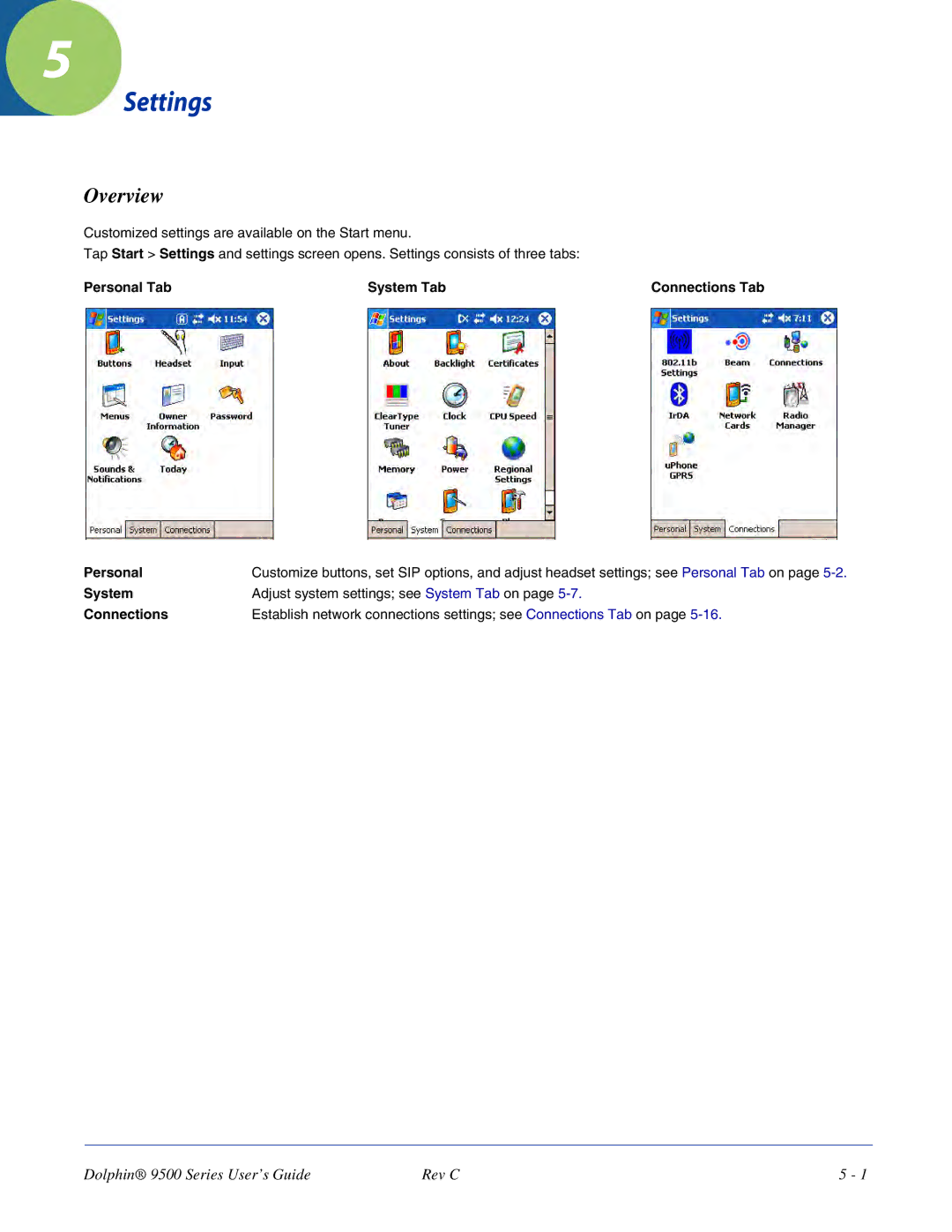 Dolphin Peripherals 9500 manual Settings, Personal Tab System Tab Connections Tab 