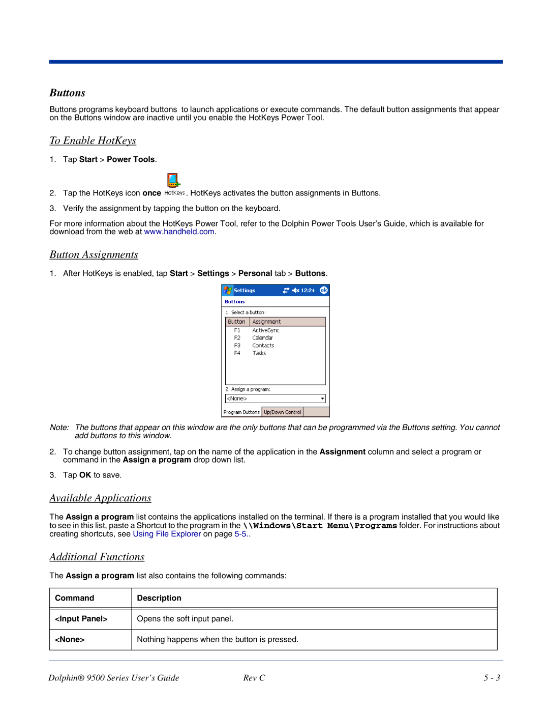 Dolphin Peripherals 9500 Buttons, To Enable HotKeys, Button Assignments, Available Applications, Additional Functions 