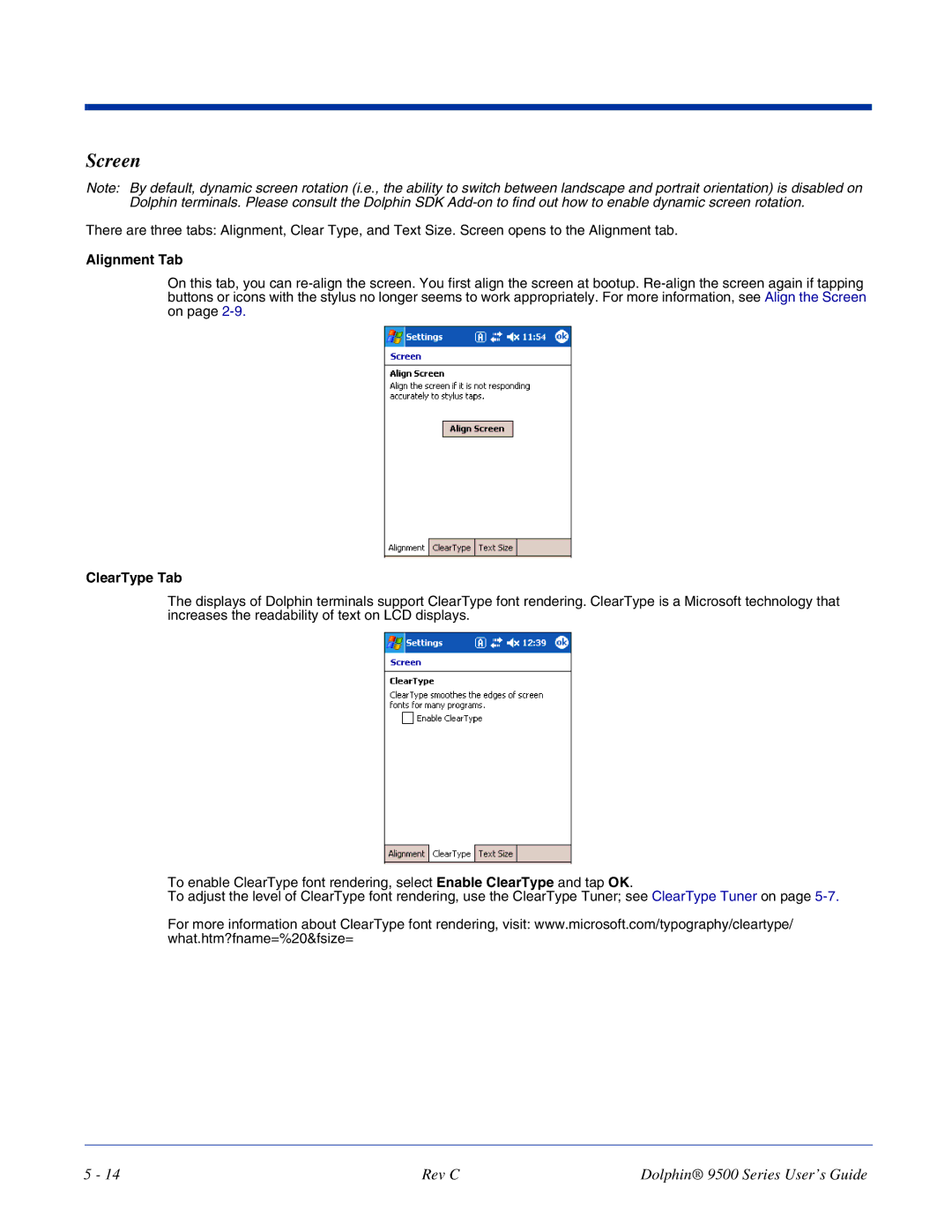 Dolphin Peripherals 9500 manual Screen, Alignment Tab, ClearType Tab 