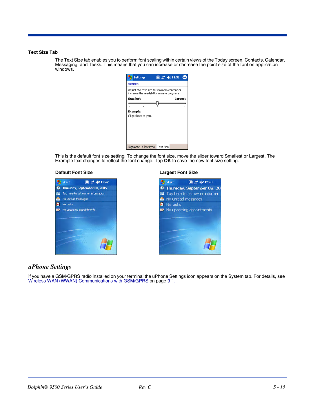 Dolphin Peripherals 9500 manual UPhone Settings, Text Size Tab, Default Font Size Largest Font Size 