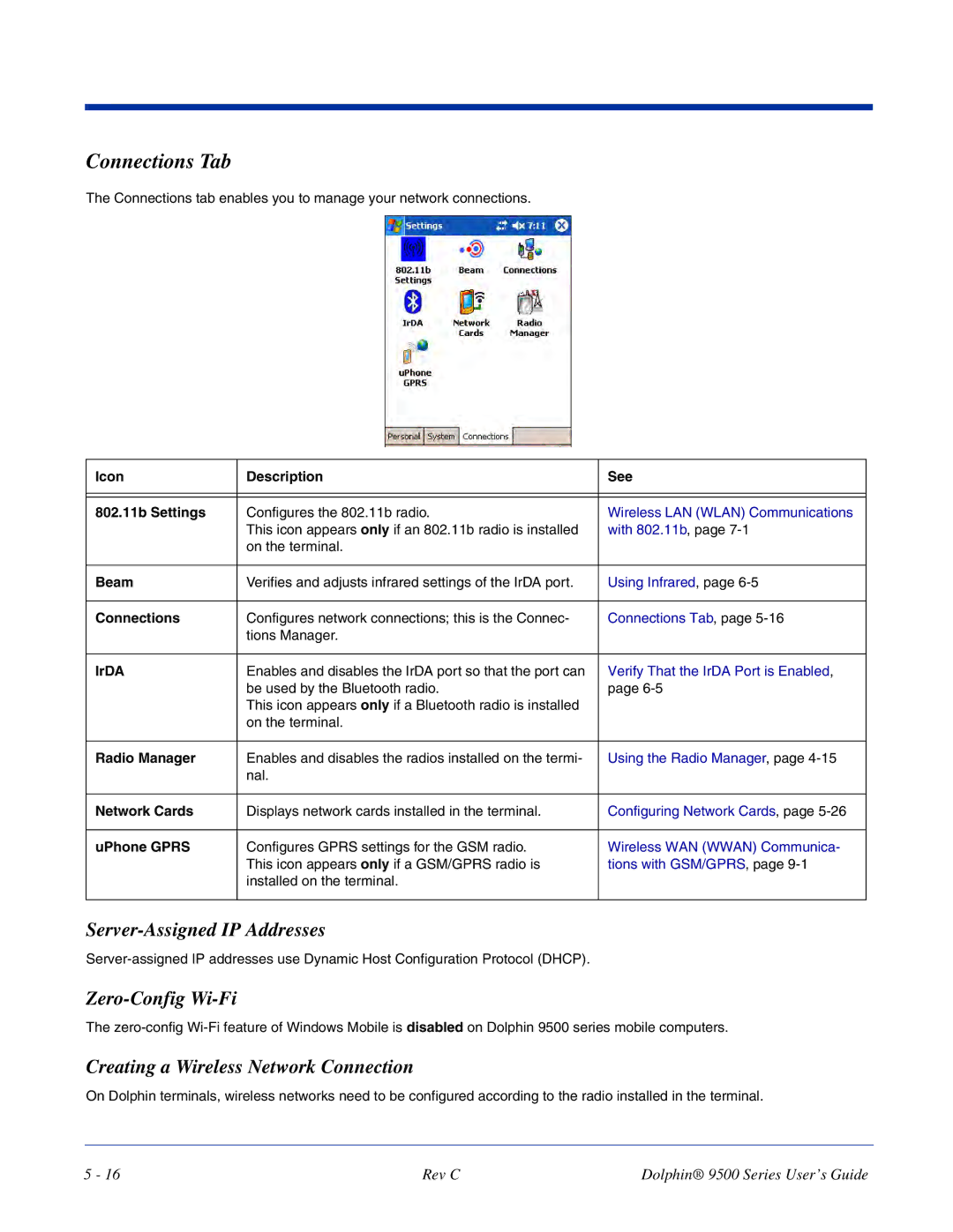 Dolphin Peripherals 9500 manual Connections Tab, Server-Assigned IP Addresses, Zero-Config Wi-Fi 