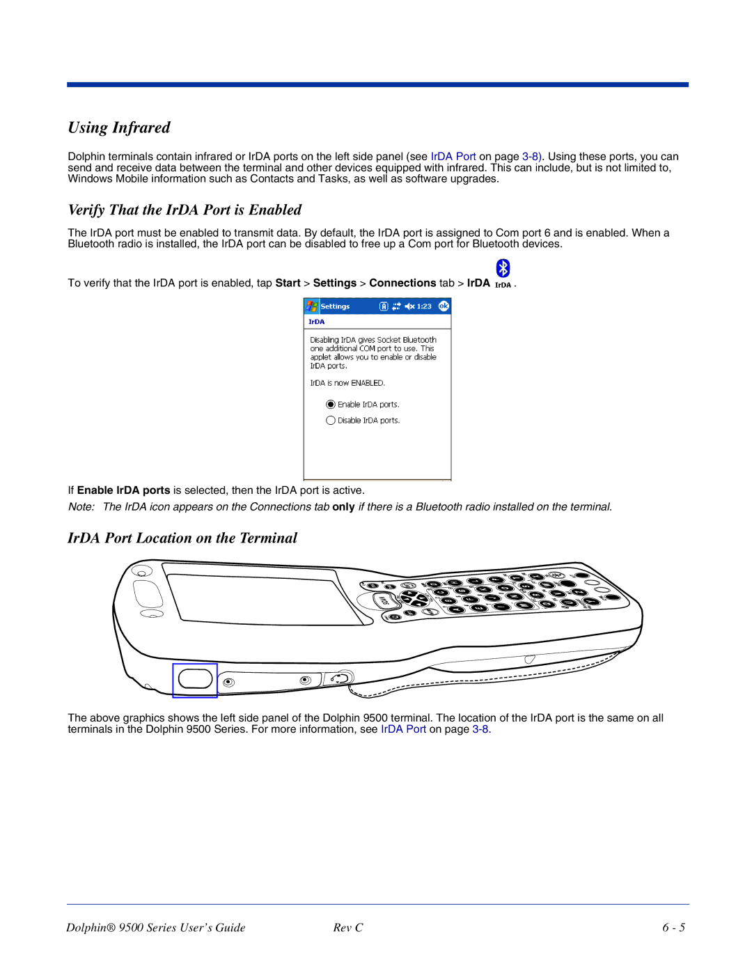 Dolphin Peripherals 9500 manual Using Infrared, Verify That the IrDA Port is Enabled, IrDA Port Location on the Terminal 