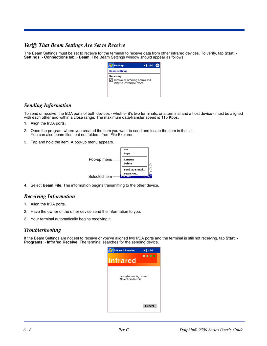 Dolphin Peripherals 9500 manual Verify That Beam Settings Are Set to Receive, Sending Information, Receiving Information 