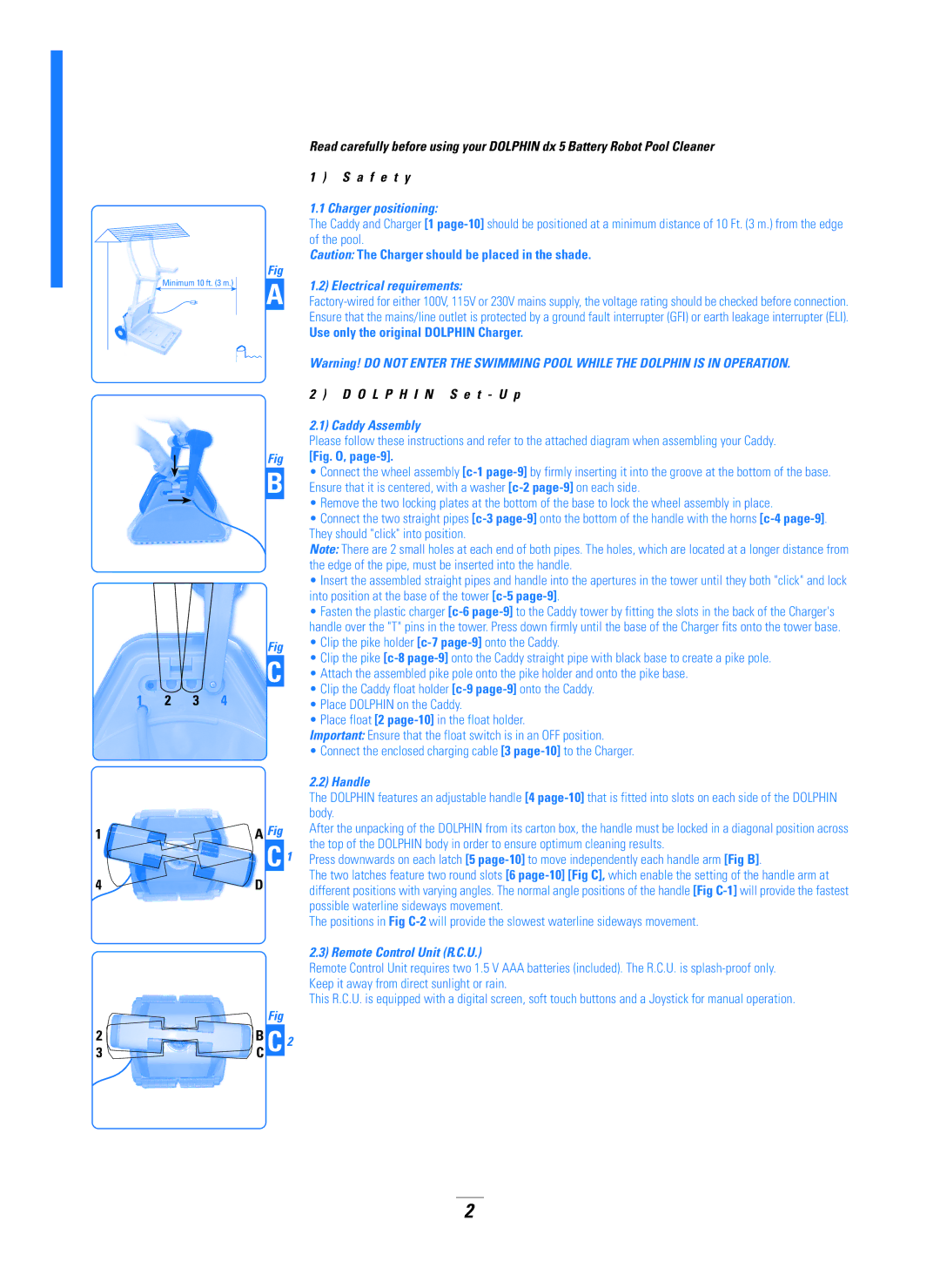 Dolphin Peripherals DX5B Charger positioning, Electrical requirements, Caddy Assembly, Handle, Remote Control Unit R.C.U 