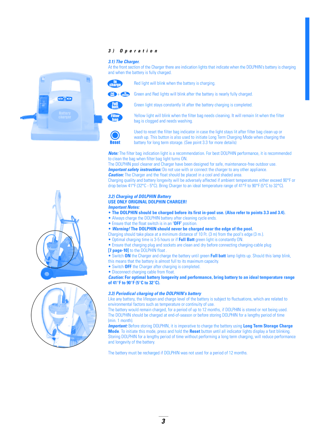 Dolphin Peripherals DX5B manual P e r a t i o n, Charger, Charging of Dolphin Battery, Important Notes 