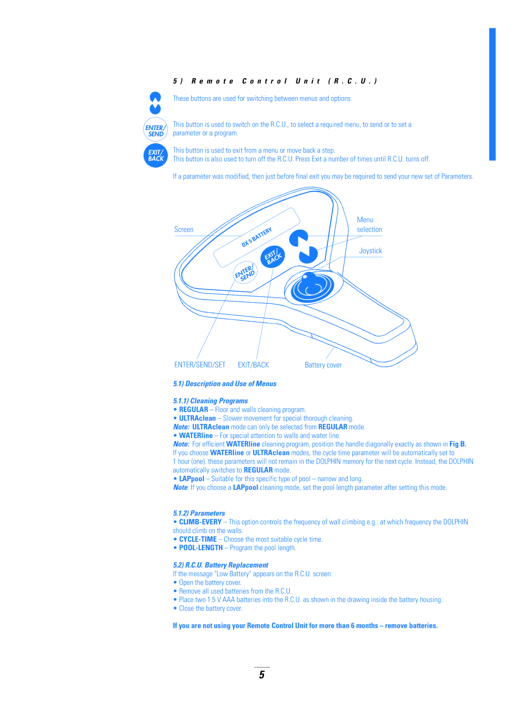 Dolphin Peripherals DX5B manual E m o t e C o n t r o l U n i t R . C . U, Description and Use of Menus Cleaning Programs 