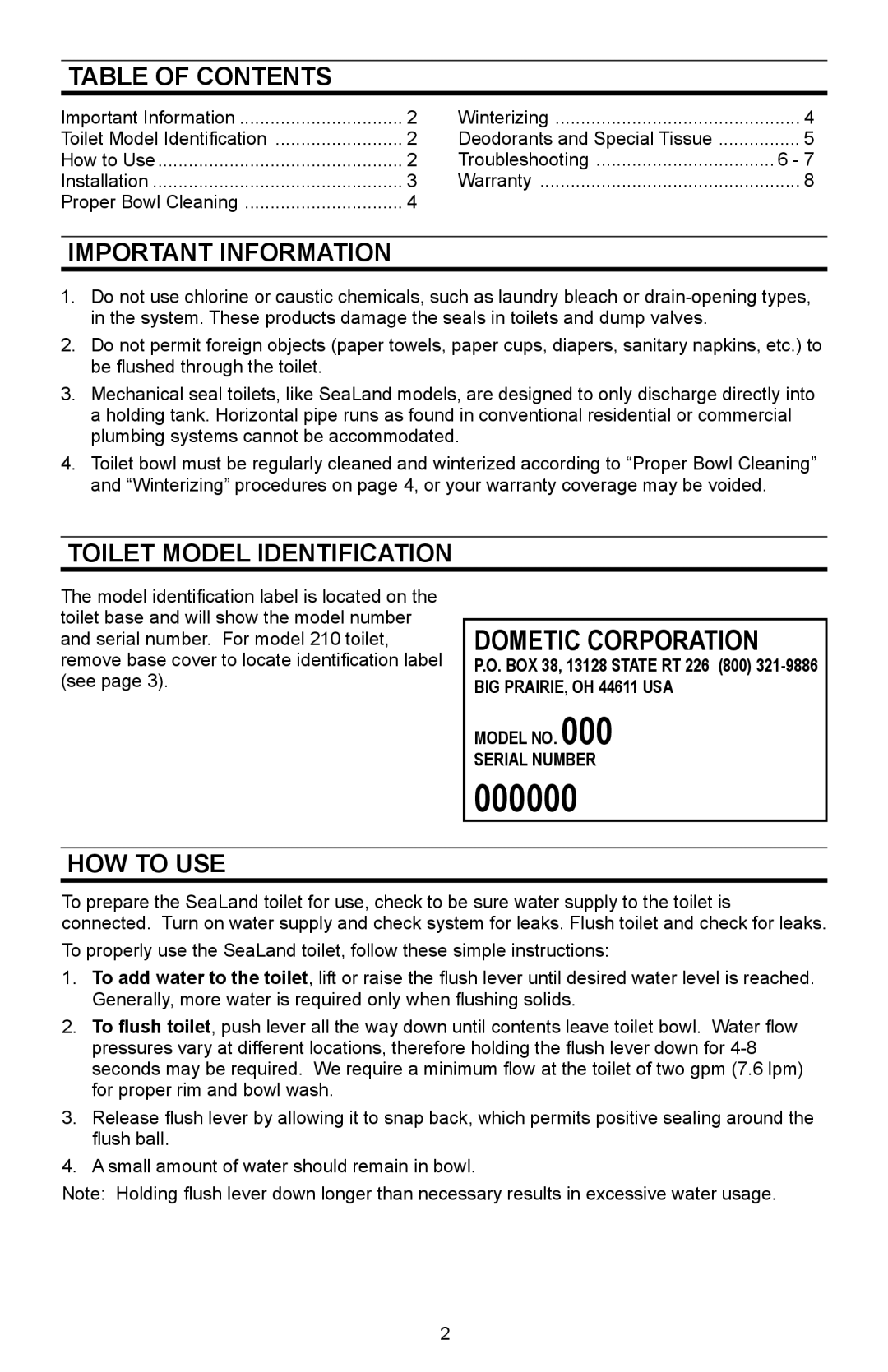 Dometic 110, 210 owner manual Table of Contents, Important Information, Toilet Model Identification, How to Use 