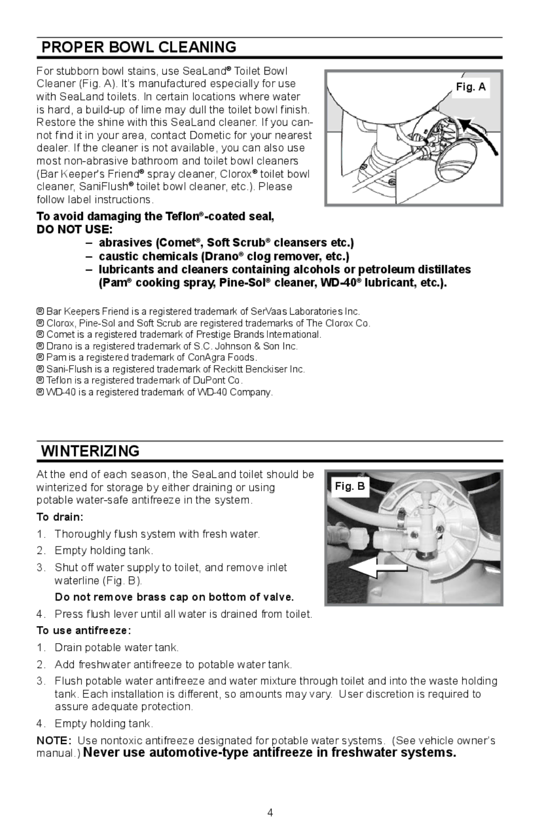 Dometic 110, 210 owner manual Proper Bowl Cleaning, Winterizing 