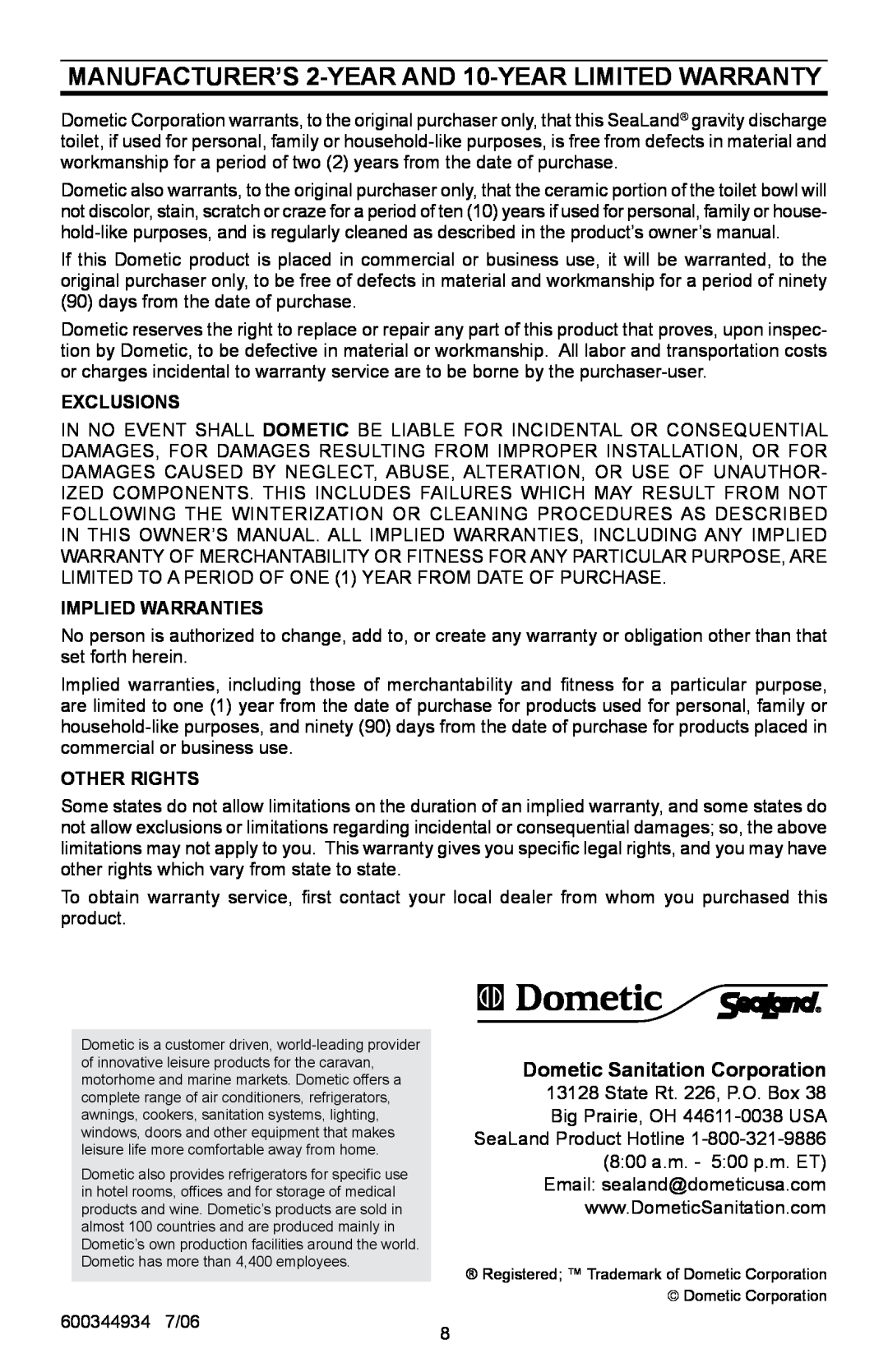Dometic 110, 210 owner manual Manufacturer’s 2-Year and 10-year Limited Warranty, Dometic Sanitation Corporation 