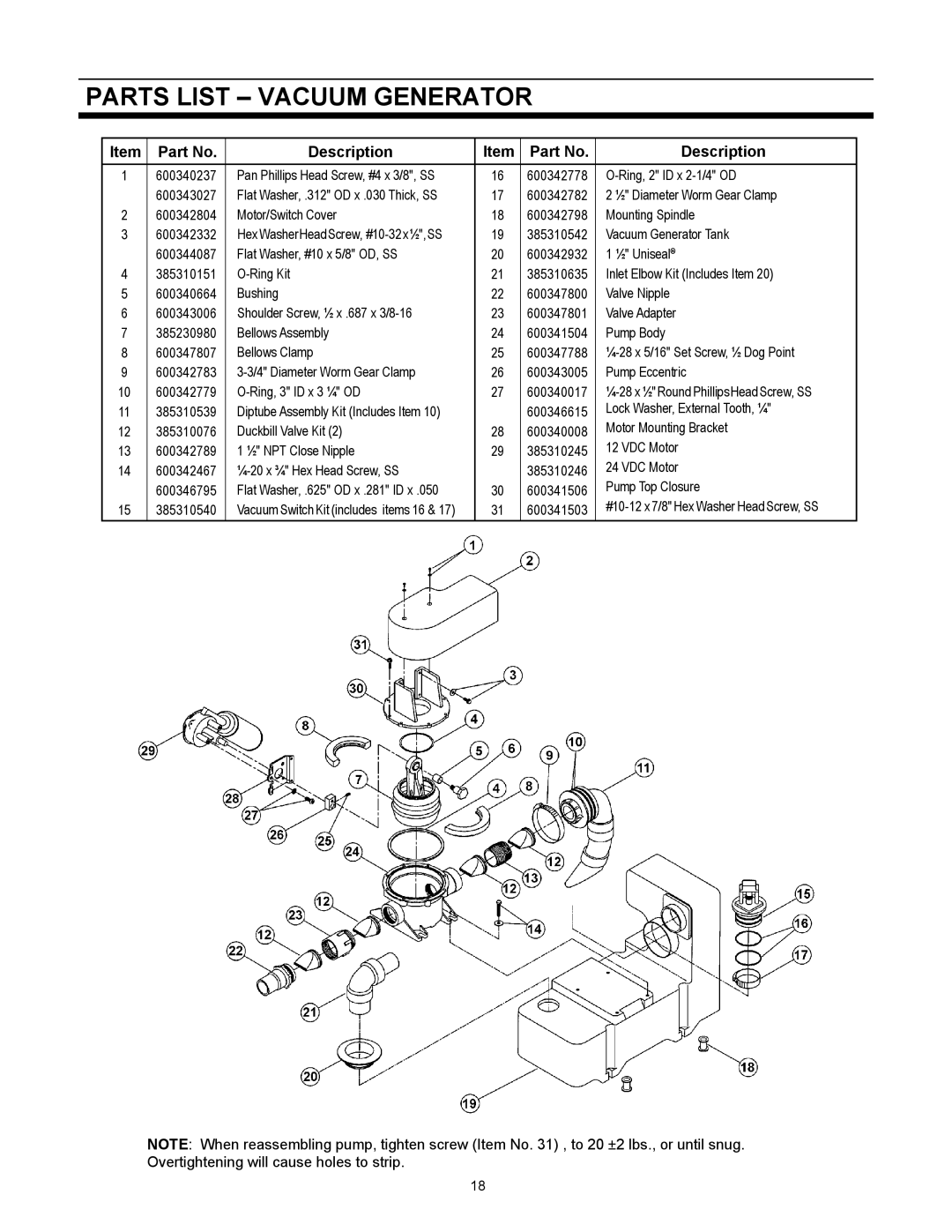 Dometic 1600, HTS-EC owner manual Parts List Vacuum Generator 