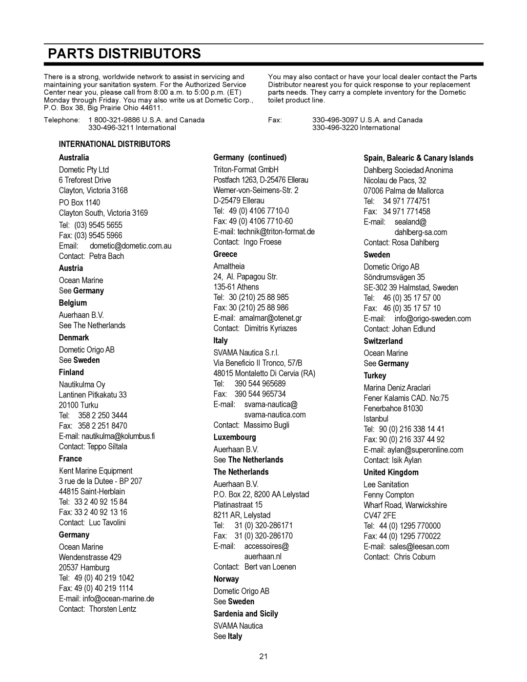 Dometic HTS-EC, 1600 owner manual Parts Distributors 