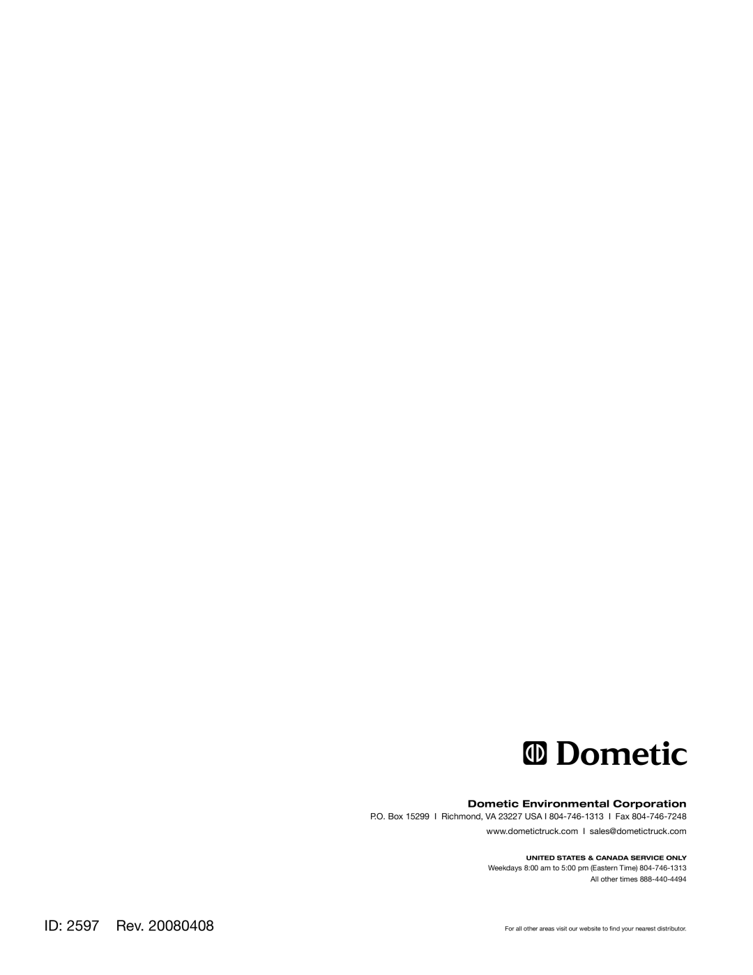 Dometic manual ID 2597 Rev 