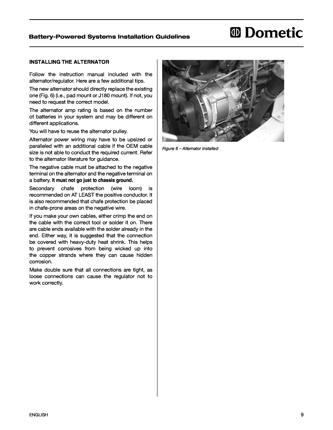 Dometic 2597 manual Installing the Alternator, Battery-PoweredSystems Installation Guidelines 