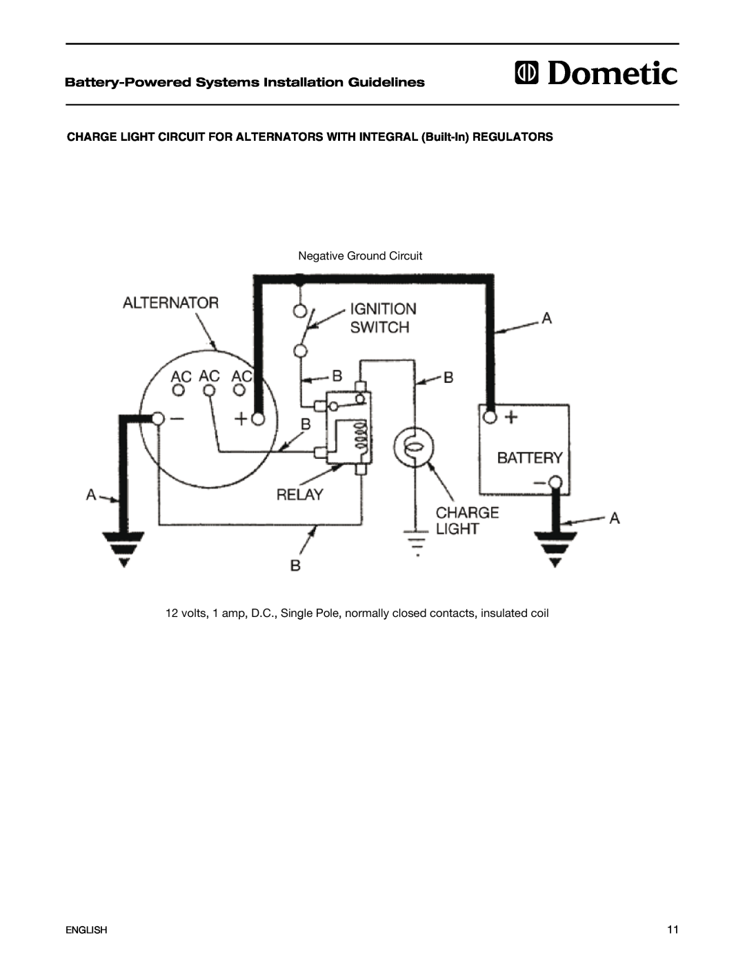 Dometic 2597 manual Battery-PoweredSystems Installation Guidelines, Negative Ground Circuit, English 