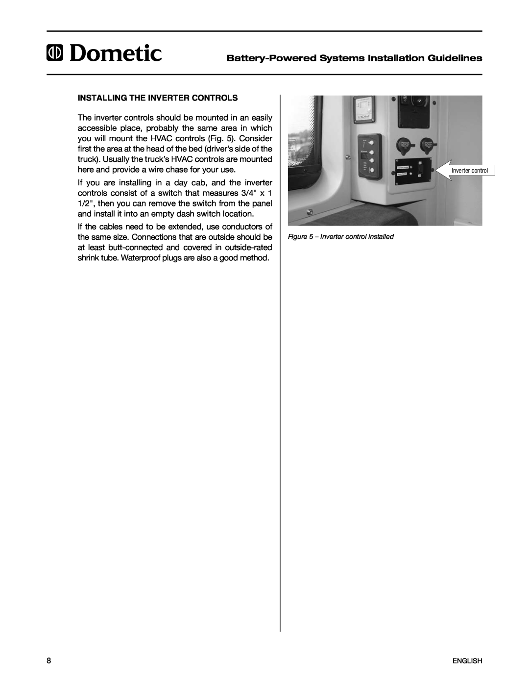 Dometic 2597 manual Installing the Inverter Controls, Battery-PoweredSystems Installation Guidelines 