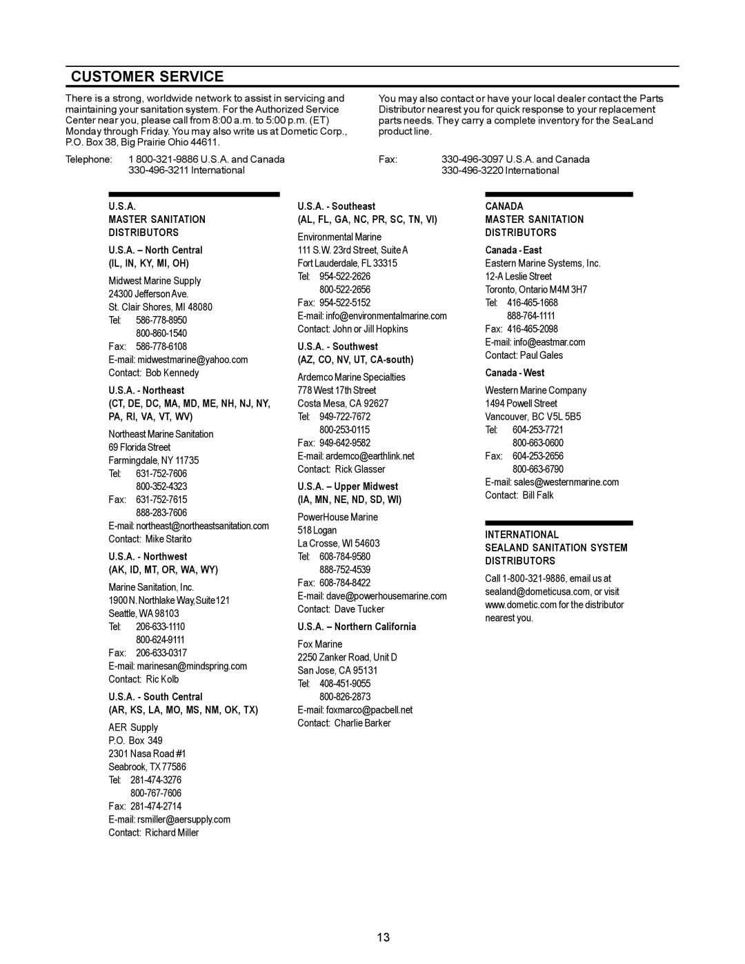 Dometic 3000 Series owner manual Customer Service, Master Sanitation Distributors 