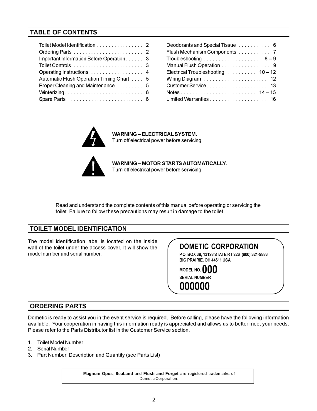 Dometic 3000 Series owner manual Table of Contents, Toilet Model Identification, Ordering Parts 