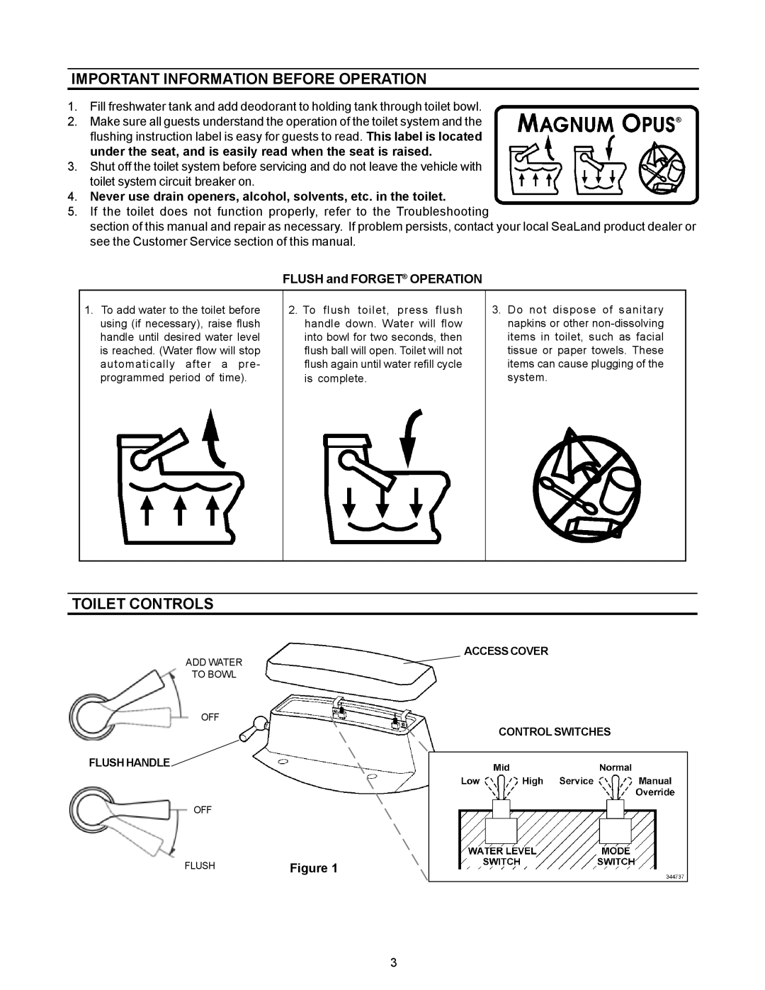 Dometic 3000 Series owner manual Important Information Before Operation, Toilet Controls, Flush and Forget Operation 