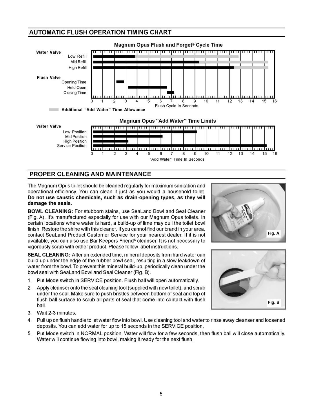 Dometic 3000 Series owner manual Automatic Flush Operation Timing Chart, Proper Cleaning and Maintenance 