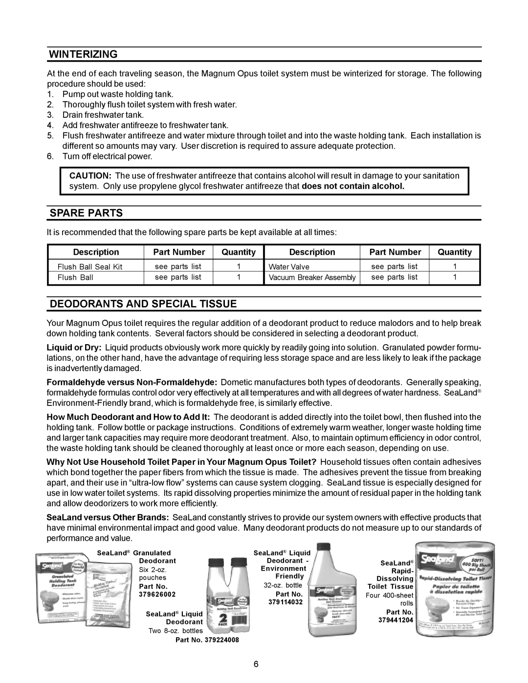 Dometic 3000 Series owner manual Winterizing, Spare Parts, Deodorants and Special Tissue, Description Part Number Quantity 