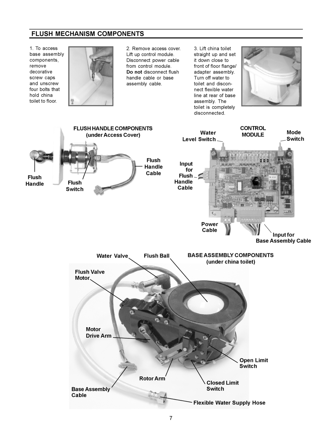 Dometic 3000 Series Flush Mechanism Components, Flush Handle Components, Control, Module, Base Assembly Components 