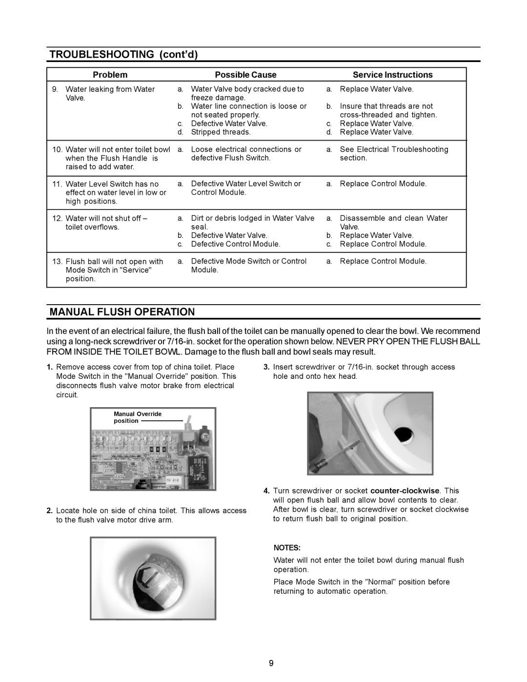 Dometic 3000 Series owner manual Troubleshooting cont’d, Manual Flush Operation 