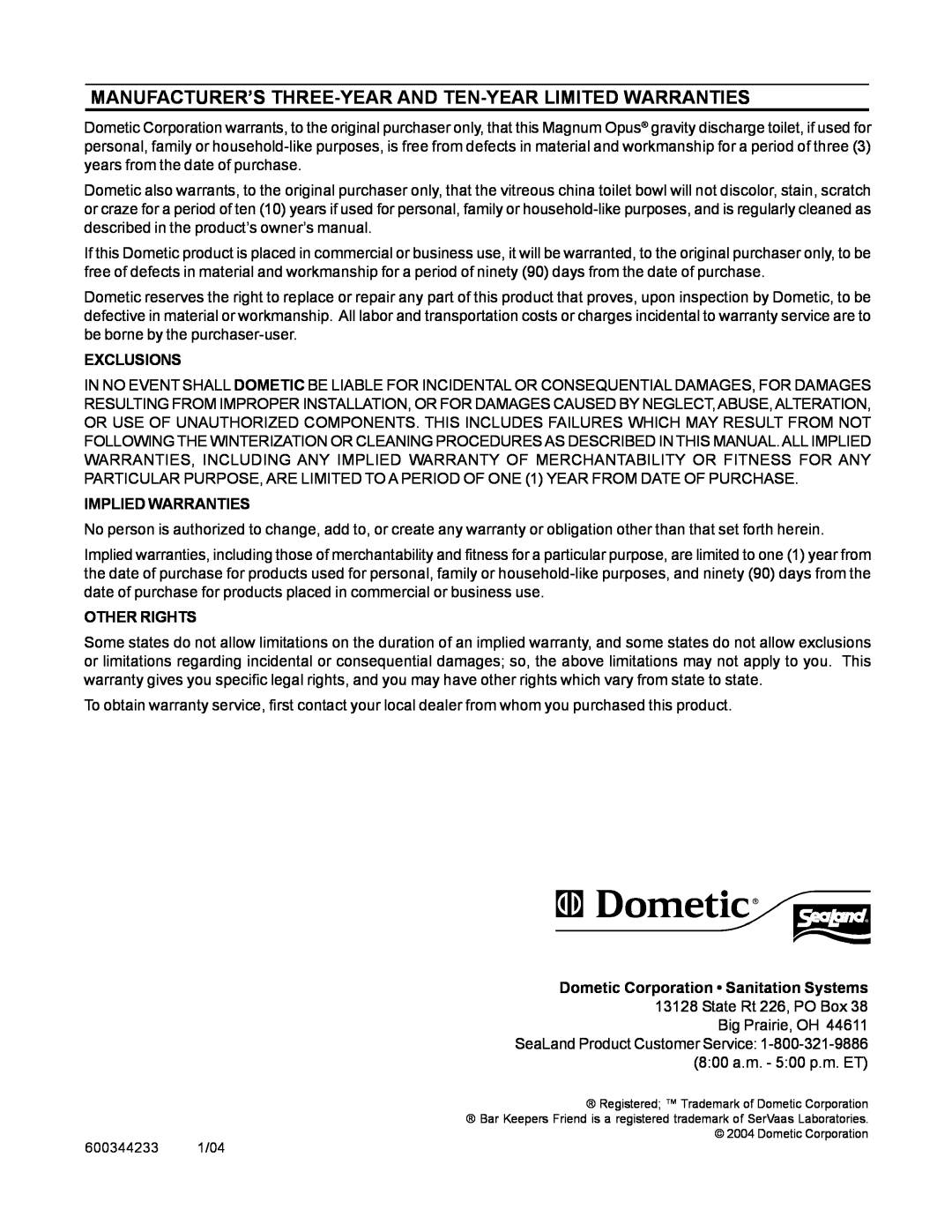 Dometic 3000 Series owner manual Exclusions, Implied Warranties, Other Rights, Dometic Corporation Sanitation Systems 