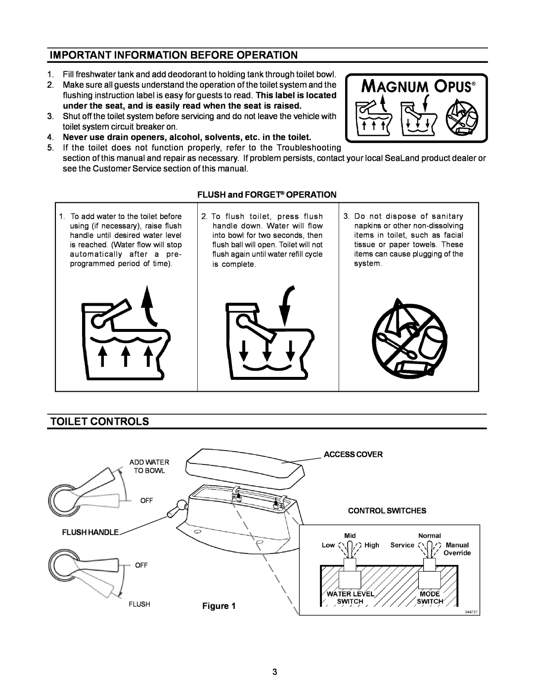 Dometic 3000 Series owner manual Important Information Before Operation, Toilet Controls, FLUSH and FORGET OPERATION 