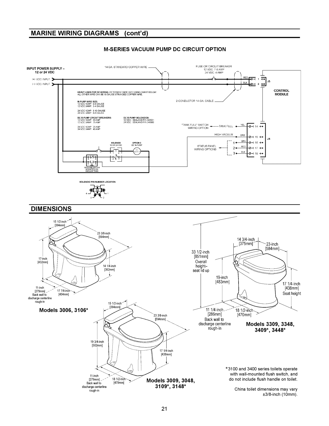 Dometic 3000, 3100 Dimensions, Series Vacuum Pump DC Circuit Option, Models 3006 Models 3009 3109 Models 3309 3409 