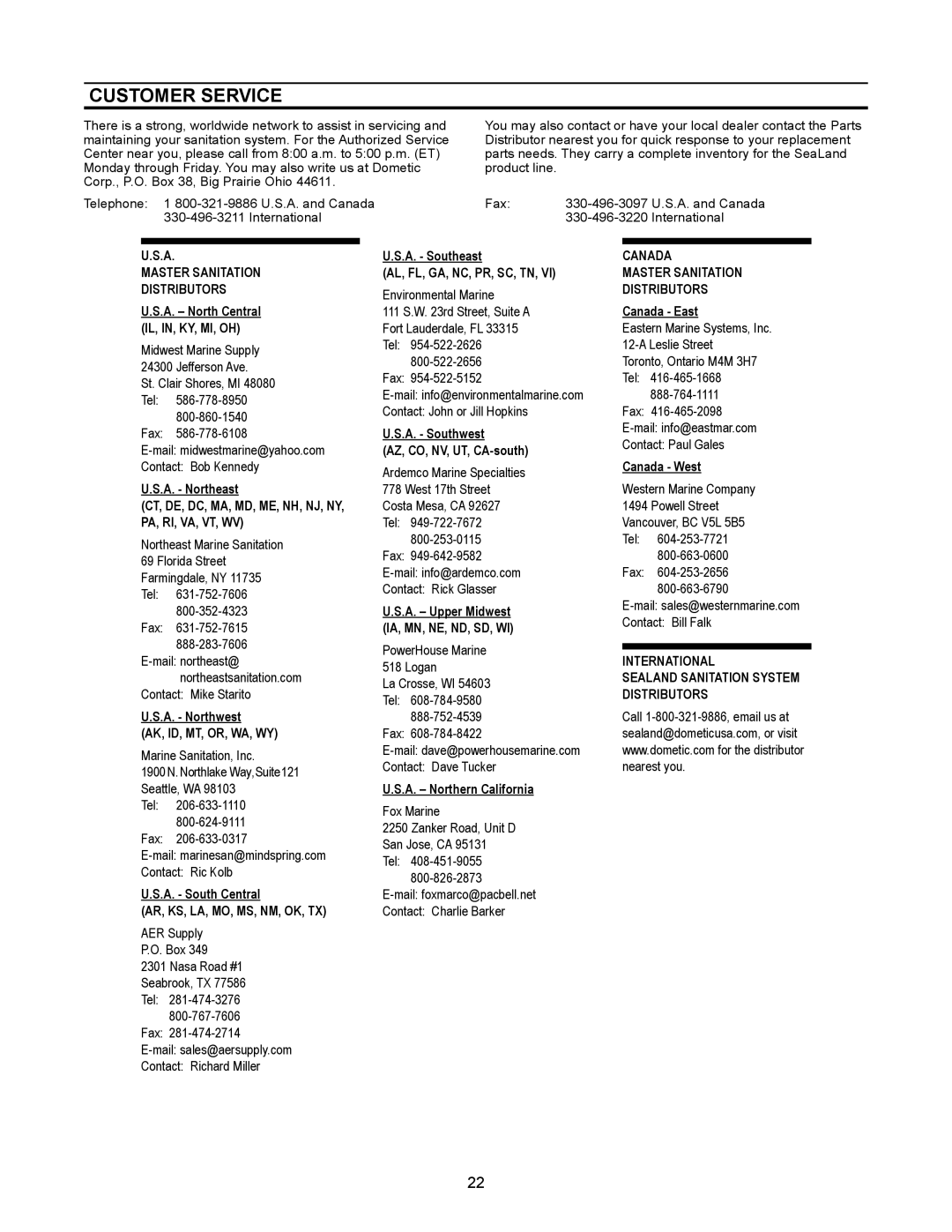 Dometic 3100, 3000 owner manual Customer Service, Master Sanitation Distributors 