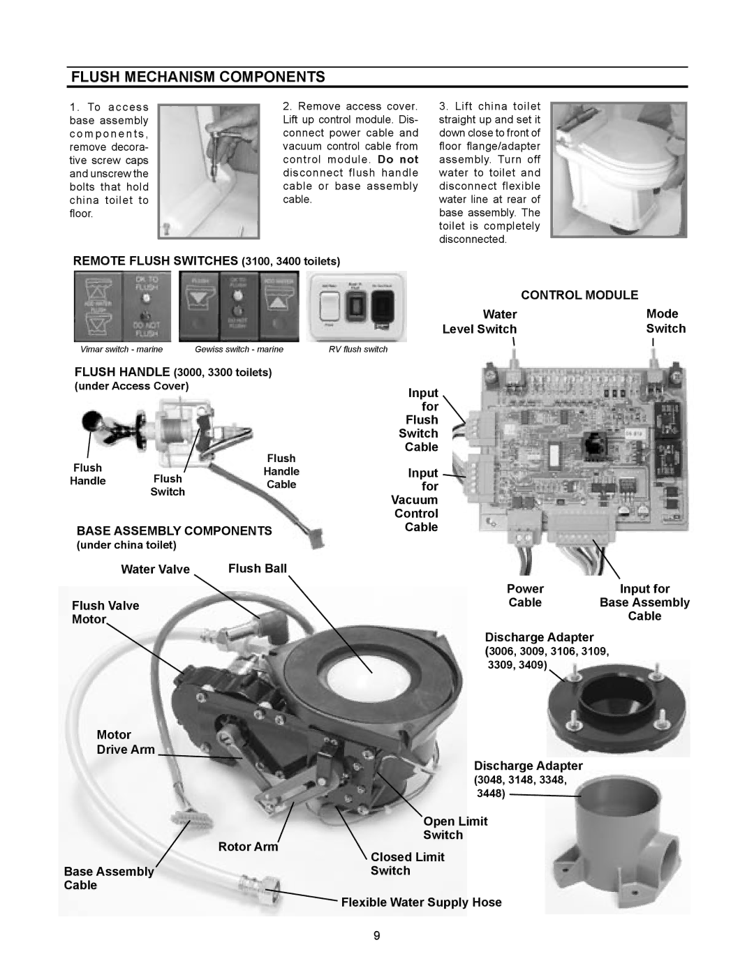 Dometic 3000, 3100 owner manual Flush Mechanism Components, Control Module 